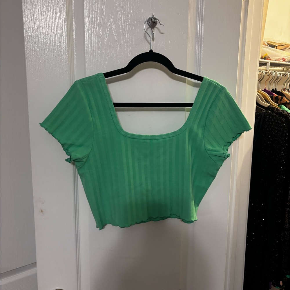 COPY - Green Ribbed Cap Sleeve Crop Blouse